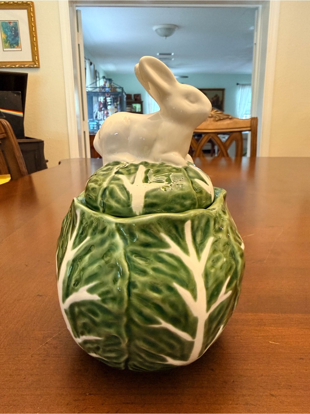 Maxcera Cabbages Ceramic Bunny Rabbit Cabbage Covered Jar Canister Easter Decor